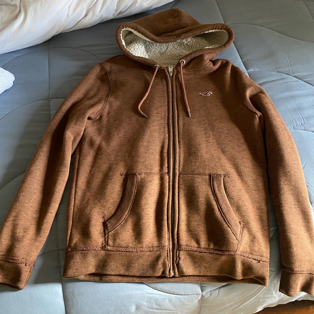Brown Furred hollister jacket zip up